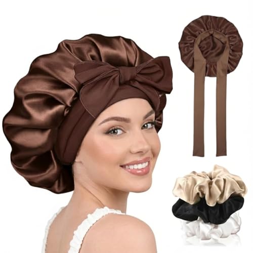 Image of Silk Bonnet for Hair with 3 Scrunchies, Adjustable Hair Cap for Sleeping, Bonnet for Curly Hair with Wide Elastic Tie Band