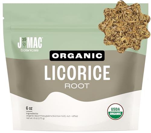 J Mac Botanicals Organic Licorice Root Tea, Cut &amp; Sifted, Naturally Sweet Dried Herbal Tea, Loose Leaf, 6 oz