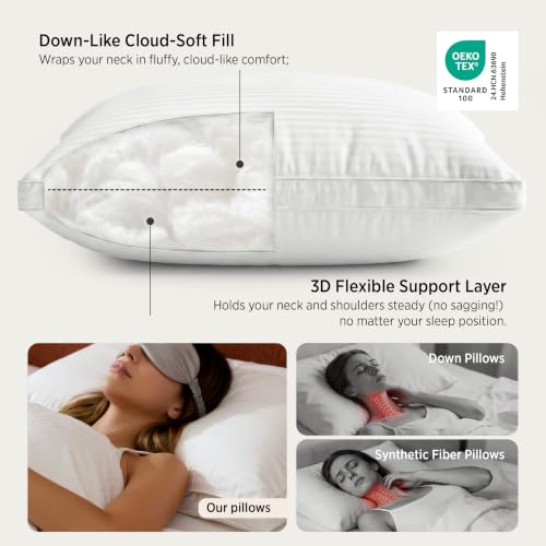 Image of Bedsure Purewoven Hotel Pillows Standard Size Set of 2 with Cotton Shell | Down Alternative Dual Chamber Construction Fill Gusseted Pillows for Fluffy Support, Ideal for Back & Stomach Sleepers