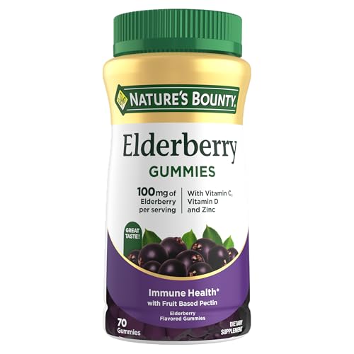 Nature's Bounty Elderberry Gummies, Dietary Supplement, Supports Immune Health, Contains Vitamin A, C, D, E and Zinc, 100 mg, 70 Gummies