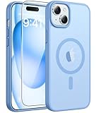 FNTCASE for iPhone 15 Case: for iPhone 14 & iPhone 13 Case [with Screen Protector] Magnetic Translucent Matte | Military Grade Drop Protection | Shockproof Phone Cover Protective Cases - Light Blue