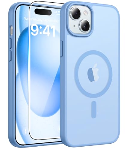 FNTCASE for iPhone 15 Case: for iPhone 14 & iPhone 13 Case [with Screen Protector] Magnetic Translucent Matte | Military Grade Drop Protection | Shockproof Phone Cover Protective Cases - Light Blue
