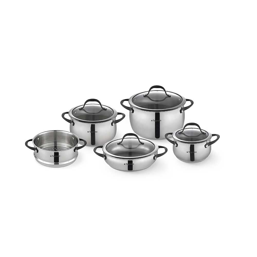 Tognana Emozione Gourmet - Batería de ollas y sartenes, juego con 4 tapas, 3 cazuelas, 1 cacerola, 1 castillo de vapor, 9 piezas, acero inoxidable