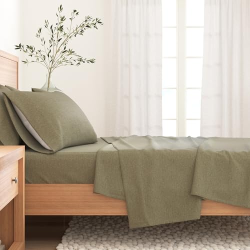 Image of Great Bay Home Flannel Sheet Set Twin Size - Heathered Cotton Blend, Double-Brushed, Winter Bed Sheets - Ultra-Soft, Cozy, 3-Piece Rustic Bedding Set (Heathered Olive)