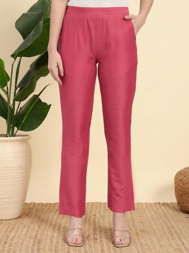 Image of Vogaan Women's Cotton Silk Pant | Half-Elasticated Waist Slim Fit Trouser for Women | Casual Pocket Pants for Office Formal Daily Use