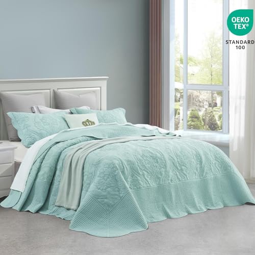Image of CHIXIN Oversized Bedspread Coverlet Set King Size - Lightweight Bedding Cover - Beautiful Stitching - 5 Piece Reversible Bedspread - Gorgeous Damask Paisley Pattern (King, Seaglass)