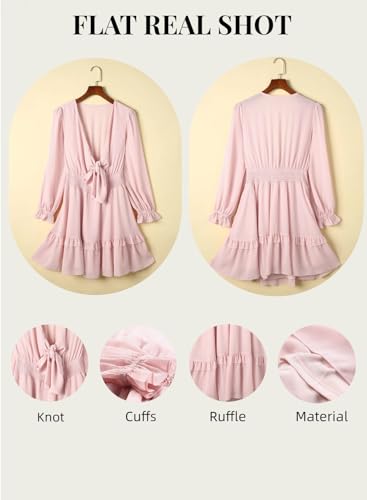 Image of AlvaQ Women Spring Fall Long Sleeve A Line Short Dress Sweet Sexy V Neck Knot Front Sundress Pink Medium