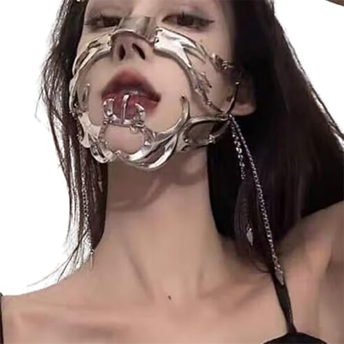 FEHEOO Cyber Punk Alloy Alien Face Accessories Futuristic Cyberpunk Stainless Steel Face Mask with Spiked Chain Accessories – Gothic Steampunk Mask for Cosplay, Roleplay & Fashion Statement