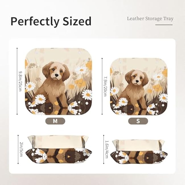 Puppy in The Flowers Small Personalized Leather Storage Tray, Desktop Storage Box, Optimized Space Management