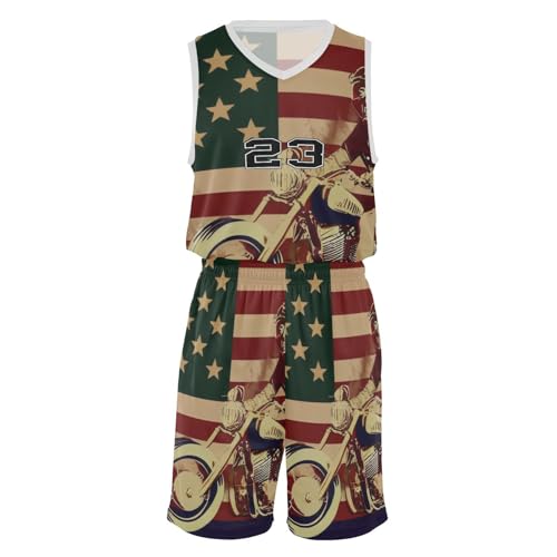 FLildon Skull Motorcycle American Flag Boys Basketball Jersey Set Tank Top Shorts Tracksuit Sport Training Suit for Kids, S