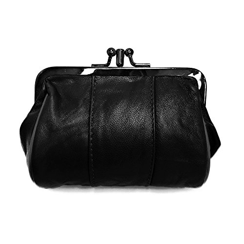 LOLUNA® Porte-Monnaie Femme Cuir Agneau Souple, Fermoir clic-clac modèle Retro, 2 Compartiments spacieux, Couleurs au Choix - Noir