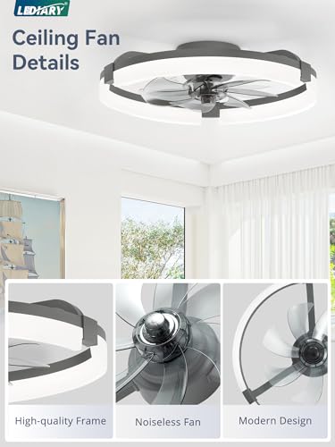 Image of LEDIARY 20 inch Ceiling Fans with Lights and Remote, Modern Low Profile Ceiling Fan, 3 CCT, Stepless Dimmable, Fandelier Flush Mount Fan Light, 6 Speeds, DC Motor, App & Remote Control for Bedroom(Gray)