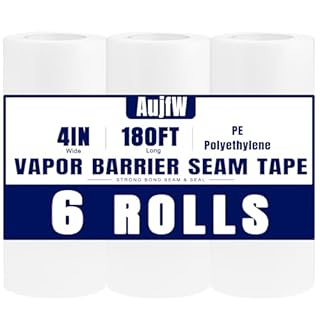 AujfW Vapor Barrier Tape, 4" Wide x 180' Long, 6 Roll, Waterproofing Vapor Barrier Seam Tape for Stucco, Crawl Space, Repair, Plastic Liners, Metal Building Insulation Seams