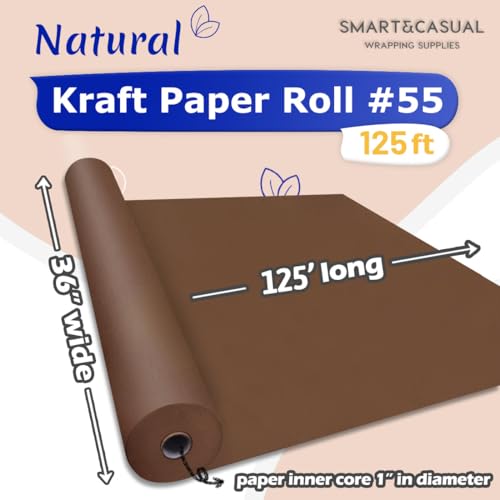 Image of SMART&CASUAL 36 inch x 1,500 inch (125') Coffee Kraft Craft Paper Roll for Gift Wrapping Bulletin Board Bouquet Flower Art Packing Parcel Table Covering 80GSM 55LB (Coffee, 36 inch x 125')