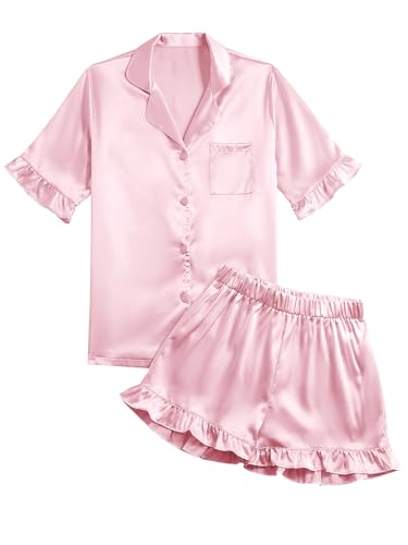 Umenlele Women's Satin Silky Collar V Neck Ruffle Short Sleeve Top and Shorts Sleepwear PJs Pajamas Set