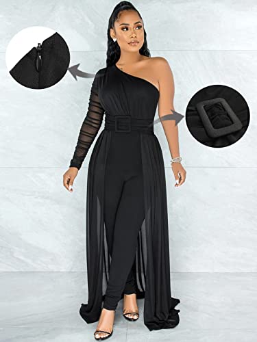 Chicyes Women's One Shoulder Jumpsuits Sexy Elegant Formal High Waist Overlay Bodycon One Piece Rompers Black #TOP1