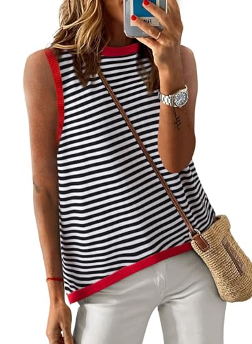 Image of Dokotoo Womens Summer Tops 2026 Casual Striped Color Block High Neck Tank Top Loose Knit High Low Sleeveless Shirts Blouses