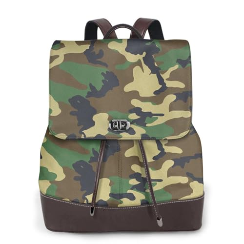 Sac à dos en cuir véritable femme imprimé camouflage vert premium