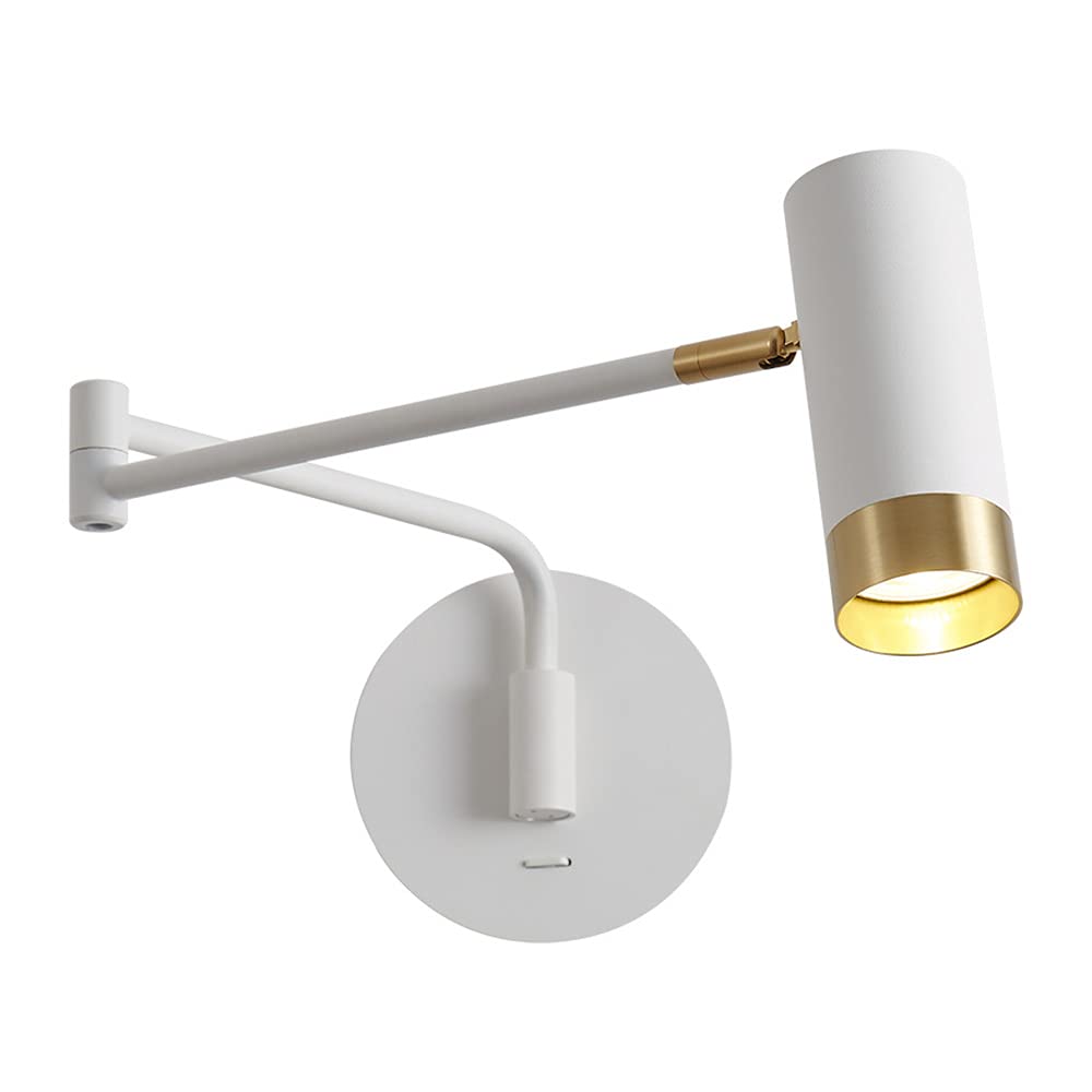Lampa ścienna, reflektor do czytania, lampka nocna z obrotowym ramieniem, regulowana i obrotowa żarówka GU10, do sypialni, salonu, biura i hotelu, biała