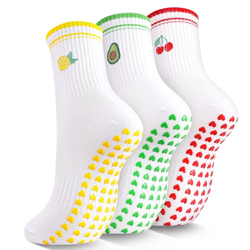 Jspupifip 3 Pairs Fruit Pilates Socks with Grips for Women, Non Slip Cotton Crew Athletic Socks for Barre Workout Hospital