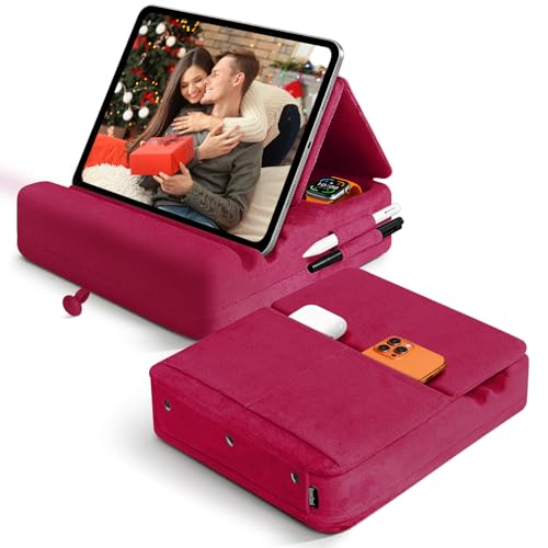 Image of Tablet Pillow Stand with Storage, Foldable iPad Holder for Lep, Bed, Sofa, and Desk - Soft Pad Dock with Pocket and Stylus Mount Compatible with 4-13 inch iPad Pro /Air /Mini, Galaxy Tab, Kindle (Red)
