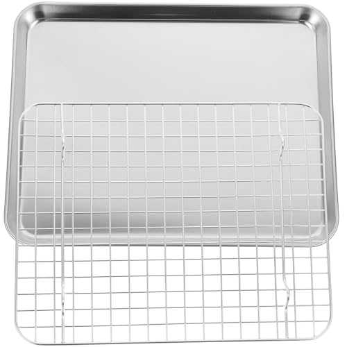Healeved Juego de Bandeja de Horno de Acero Inoxidable 430 de 31,5x24,5x2,5 Cm con Rejilla de Alambre 201 para Hornear y Enfriar, Utensilios para Hornear en Casa y Pastelerías