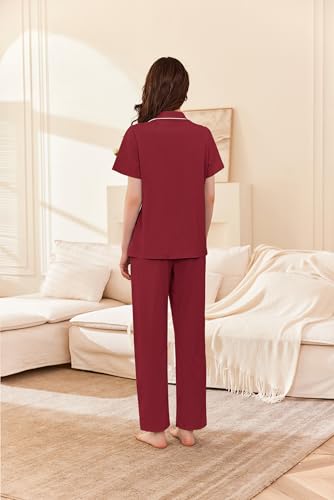 Image of Ekouaer Women's 100% Cotton Pajamas Set Short Sleeve Button Down Pjs 2 Piece Soft Sleepwear with Long Pants Lounge Set