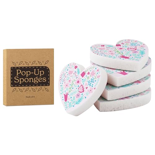 PETALY HOME 5 Pack Heart Shaped Sponges Non-Scratch Cleaning Sponges with Floral Pattern Kitchen Heavy Duty Scrub Sponge Pop Up Eco Valentines Day Sponges (Pink)
