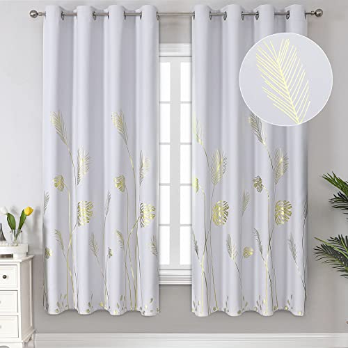 Estelar Textiler Greyish White and Gold Print Curtains 72 Inches Long Room Darkening Curtains Thermal Insulated Curtains with Wheat and Palm Tree for Bedroom Living Room, 52Wx72L, 2 Drapes