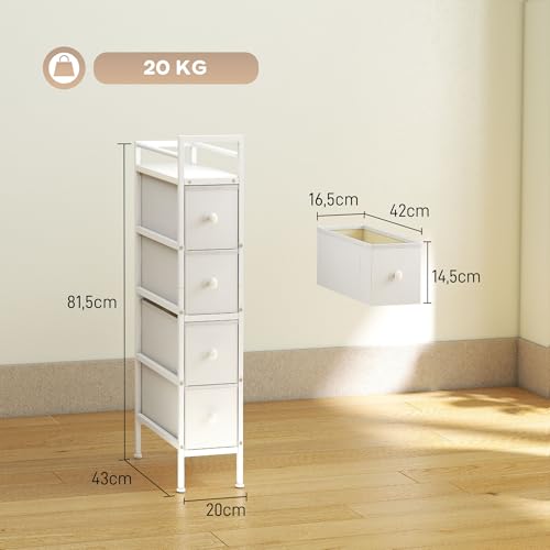 HOMCOM Cómoda con 4 Cajones de Tela, Cómoda para Dormitorio Estrecha con Marco de Acero, Cajonera para Espacios Pequeños, Sala de Estar, Vestidor, Baño, Blanco - imagen 3