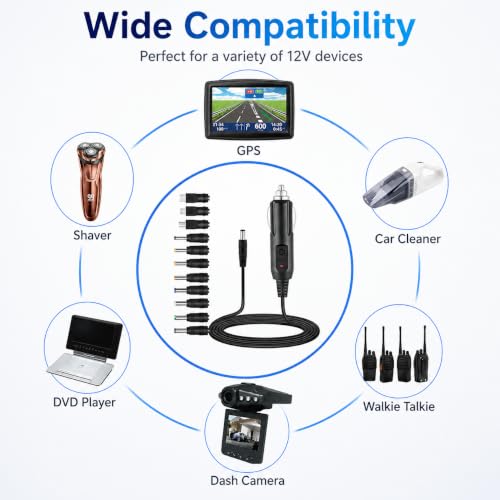 Image of Verilux 12V Car Charger Kit (Max 10A) & 5V DC Power Cable | Charger Cable with 11 Connectors for DVD Player, Camera, GPS, Bluetooth Speakers, Shaver Fans