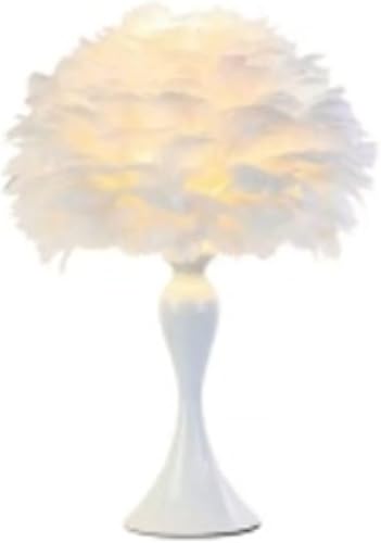 Bedside Lamp with Feather Shade, White Base, Decorative Table Lamp