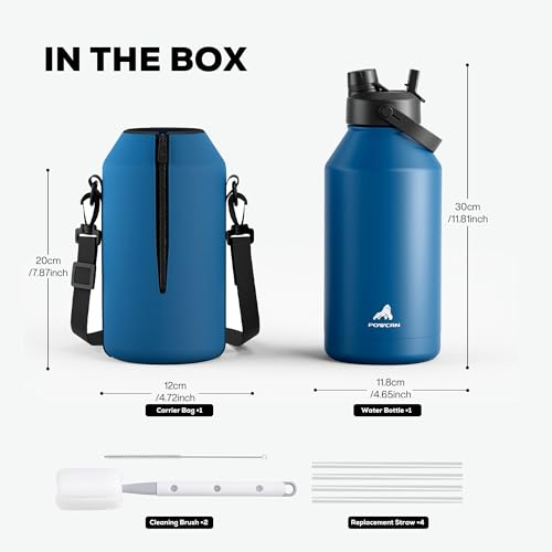 Image of POWCAN 64 oz Insulated Water Bottle with 2-in-1 Straw Spout Lid, Leakproof, Carrier Bag, Shoulder Strap, Keep Cold 48H, Half Gallon Stainless Steel Water Jug for Men, Sports, Camping, Fitness (Indigo)