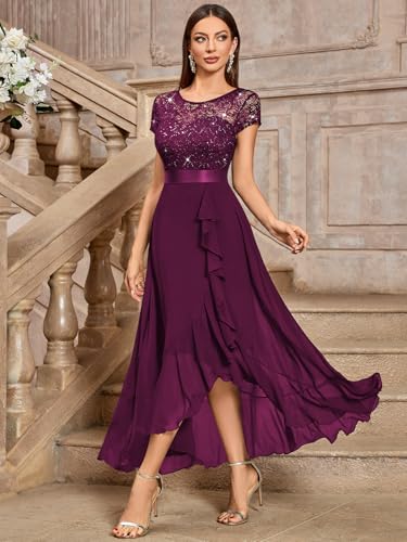 Image of Miusol Women's Scoop Neck Sequined Floral Lace Ruffle Wedding Party Dress | Sequin lace, scoop neck, cap sleeve, ruffle design dress for cocktail party, wedding and formal