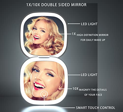Zsandbmy Travel Lighted Makeup Mirror With Magnification, 1X/10X Dual-Side Compact Mirror With 3 Light Settings, Brightness Dimmable, 3.5'' Small Travel Size Portable Mirror Rechargeable Black #TOP1