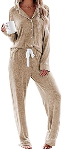 Aamikast Women's Pajama Sets Long Sleeve Button Down Sleepwear Nightwear Soft Pjs Lounge Sets (Small, light brown)