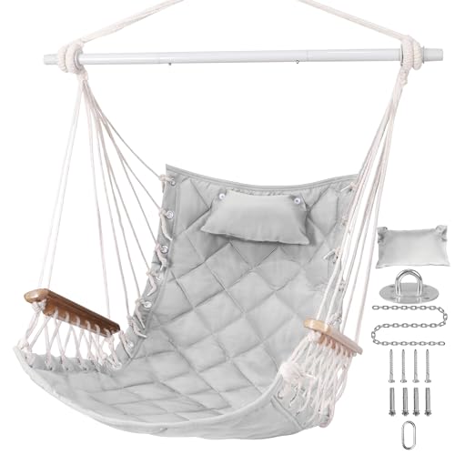 Image of Hammock Chair Hanging Swing with Wooden Armrest;Steel Spreader Bar,Pillows,Hardware kit Included;Cotton Woven Fabric;Up to 350 Lbs,for Indoor Light Grey