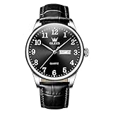 QBAIZI Black Leather Watch for Men Classic,Large Face Men's Analog Wrist Watches with Calendar Date,Cool Mens Dress Watch Black,Fashion Easy Read Arabic Numeral Male Watch Waterproof Luminous