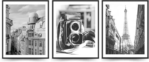 Linilioart 3 cuadros de paisaje urbano de París en blanco y negro, para decoración de pared, famosos pósteres de arquitectura para baño, sin marco (50 x 70 cm)