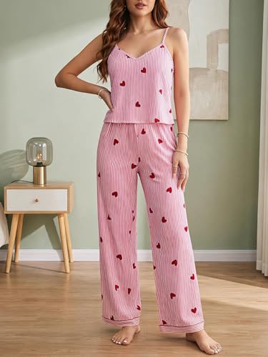Image of Women's Cute Heart Print Striped Pajama Set 2 Piece V Neck Cami Top and Pants Lounge Sets Sleepwear