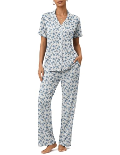 Image of Womens Pajamas Sets 2 Piece Button Up Pj Sets Short Sleeve with Long Pant
