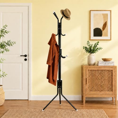 Image of LEOPAX Metal Coat Rack Stand with 12 Hooks, Freestanding Tree Shape Coat Hanger for Clothes, Hats, Bags, Towels & Umbrella, Heavy Duty Floor Standing Clothes Rack for Bedroom & Entryway, Black