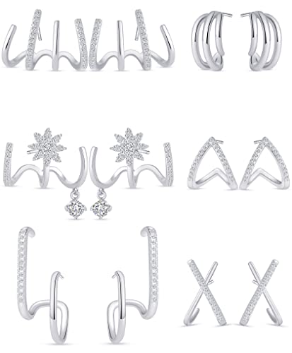 Ofeiyaa 6 Pairs Earrings Stud Claw Ear Cuff X-Shaped Heart Snowflake Shiny Cz Trendy Minimalist Dainty Double Wrap Huggie Earrings For Women Silver Tone #TOP18