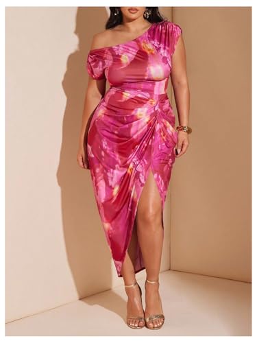 Image of Floerns Women's Plus Size Asymmetrical Neck Long Dress Ruched Slit Hem Cocktail Dress