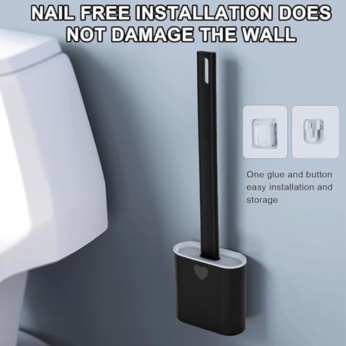 Image of Silicone Toilet Brush with Holder - Deep Clean & Hygienic Design for Bathroom, Flexible Bristles for 360 Cleaning, Non-Scratch, Quick Drying, Wall-Mounted or Floor Standing (Black)