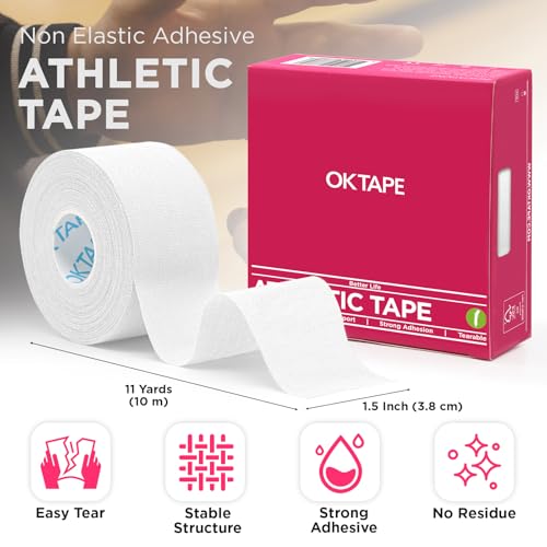 Image of OK TAPE Athletic Sports Tape(4 Packs) White- 32.8ft Per Roll Athletic Tape for Injuries,Strong Stick No Residue Athlete & Sport Trainers First Aid Injury Wrap, Hockey Stick