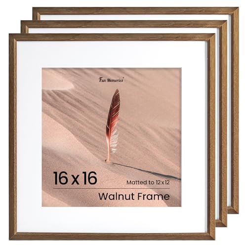 Fun Memories 16x16インチ 写真フレーム オーク無垢材 16x16インチ 正方形フレーム マット仕上げ 12x12インチ 16x16インチ 木製フレーム ウォールアート写真やプリント用 (ウォールナット、3パック)
