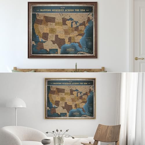 Image of DECORARTS - Personalized Framed USA Push Pin Travel Map in Deep Blue, Large Vintage Explorer Style, Custom Name or Phrase, Blue Map Wall Decor Giclee Canvas for Living Room or Office, Made in USA