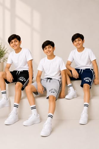 Image of LilBits Kids Cotton Blend Shorts Pack of 3 | Breathable Summer Casual Shorts for Boys & Girls with Drawstring Waist, Side Piping, Soft Fabric, Playwear & Outdoor Comfort