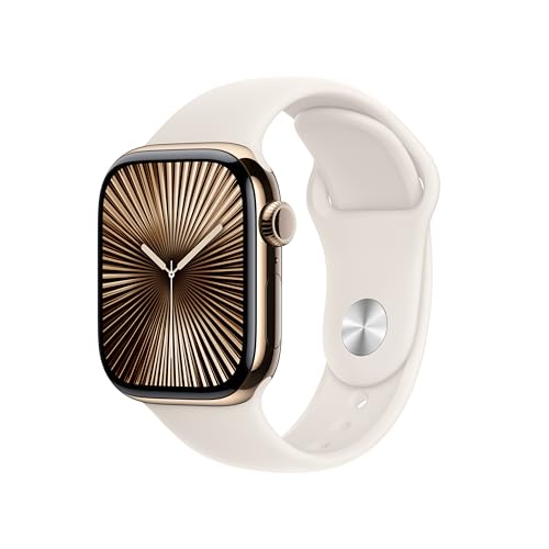 Image of Apple Watch Series 10 [GPS + Cellular 42 mm] Smartwatch with Gold Titanium Case with Starlight Sport Band- M /L. Fitness Tracker, ECG App, Always-On Retina Display, Water Resistant